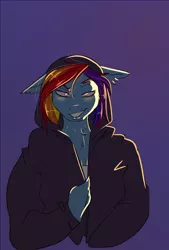 Size: 975x1440 | Tagged: safe, artist:unfinishedheckery, derpibooru import, rainbow dash, anthro, pegasus, bedroom eyes, breasts, digital art, female, image, jpeg, looking at you, simple background, smiling, smiling at you, solo