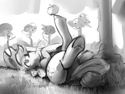 Size: 640x480 | Tagged: safe, artist:dimfann, derpibooru import, applejack, earth pony, pony, apple, black and white, female, food, grayscale, hooves, image, lying down, mare, monochrome, on back, png, sketch, solo, underhoof