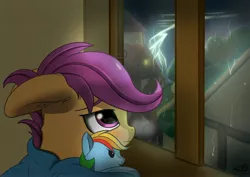 Size: 4096x2892 | Tagged: safe, artist:db, artist:dbcreativearts, derpibooru import, rainbow dash, scootaloo, pegasus, house, image, jpeg, lightning, plushie, rain, scootasad, tree, window