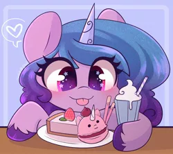 Size: 1800x1600 | Tagged: safe, artist:sakukitty, derpibooru import, izzy moonbow, pony, unicorn, food, g5, heart, image, jpeg, milkshake, pie, smiling, solo, strawberry, tongue out