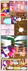 Size: 612x1552 | Tagged: safe, artist:newbiespud, derpibooru import, edit, edited screencap, screencap, applejack, fluttershy, pinkie pie, rainbow dash, rarity, twilight sparkle, earth pony, pegasus, pony, unicorn, comic:friendship is dragons, magical mystery cure, applejack's hat, blast, book, comic, cowboy hat, dialogue, element of generosity, element of honesty, element of kindness, element of laughter, element of loyalty, element of magic, elements of harmony, explosion, eyes closed, female, floppy ears, golden oaks library, hat, horn, image, indoors, library, magic, magic blast, mane six, mare, png, smiling, tree, unicorn twilight, wings