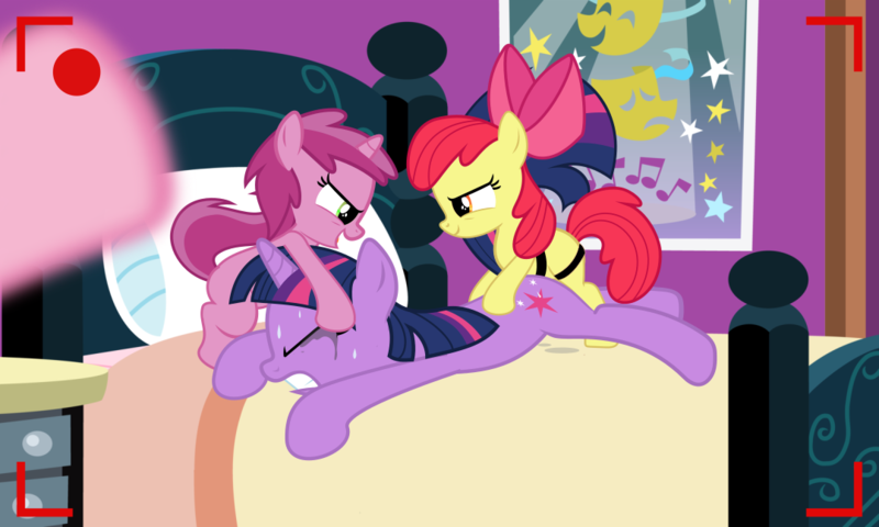 Size: 1079x647 | Tagged: explicit, semi-grimdark, artist:cheesepuffs, derpibooru import, apple bloom, pinkie pie, ruby pinch, twilight sparkle, earth pony, pony, unicorn, age difference, ambiguous penetration, bed, camera shot, crying, dubious consent, eyes closed, female, filly, filly on mare, foalcon, image, implied rape, lesbian, lying down, mare, open mouth, open smile, png, prone, reverse foalcon, sex toy, shipping, smiling, strapon, sweat, twibloom, underage, unicorn twilight, vaginal secretions
