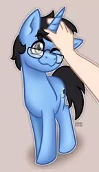 Size: 735x1280 | Tagged: safe, artist:sabrib, derpibooru import, oc, oc:tinker doo, unofficial characters only, glasses, hand, image, male, one eye closed, petting, png, smiling