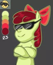 Size: 997x1216 | Tagged: safe, artist:itsnotdaijoubu, derpibooru import, apple bloom, earth pony, pony, cool, crossed hooves, emoji, female, filly, glasses, image, png, solo