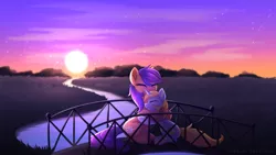 Size: 4800x2700 | Tagged: safe, artist:scarlet-spectrum, artist:scarlett-sketches, derpibooru import, oc, unofficial characters only, earth pony, pony, unicorn, bridge, hug, image, png, river, scenery, sun