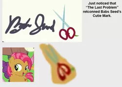 Size: 859x618 | Tagged: safe, derpibooru import, screencap, babs seed, earth pony, pony, bloom and gloom, season 5, season 9, the last problem, spoiler:s09, cutie mark, female, filly, freckles, image, offscreen character, open mouth, open smile, png, smiling, solo focus, tail, text, two toned mane, two toned tail