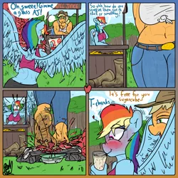 Size: 3050x3050 | Tagged: suggestive, artist:fetishsketches, derpibooru import, applejack, rainbow dash, anthro, appledash, barefoot, blushing, boots, clothes, comic, dialogue, dirt, dirty, dirty feet, feet, female, fetish, foot fetish, image, lesbian, png, shipping, shoes, socks, spread wings, sweat, wingboner, wings