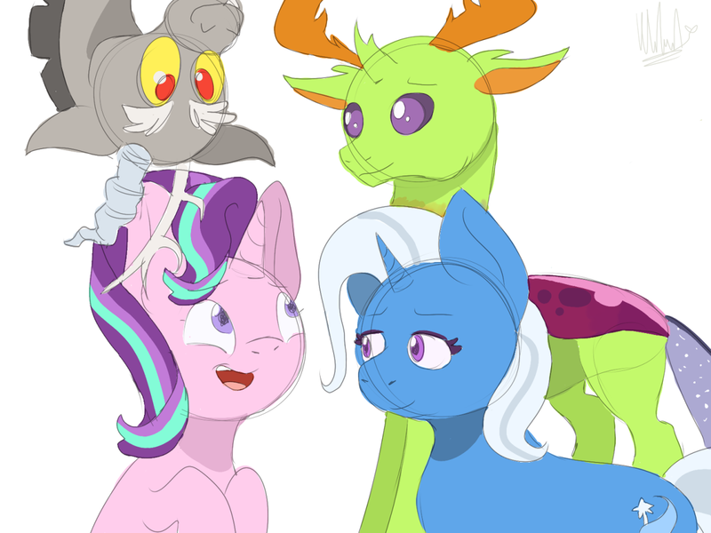 Size: 1280x960 | Tagged: safe, artist:artyfartyliz, derpibooru import, discord, starlight glimmer, thorax, trixie, changedling, changeling, draconequus, pony, unicorn, season 6, to where and back again, female, happy, image, male, png, reformed four, signature, simple background, sketch, white background