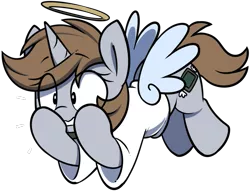 Size: 767x586 | Tagged: safe, artist:shinodage, oc, oc:littlepip, unicorn, fallout equestria, angelic wings, clothes, covering mouth, cute, eye clipping through hair, halo, image, png, shoulder angel, simple background, transparent background, wide eyes, wings