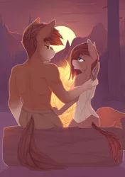 Size: 2400x3400 | Tagged: safe, artist:chapaevv, derpibooru import, oc, oc:iron aegis, oc:ondrea, unofficial characters only, anthro, earth pony, pegasus, clothes, duo, female, fire, forest, image, log, male, mountain, outdoors, pants, png, shirt, side to side, sitting, straight, sunset, tail, tree, undressing, wings