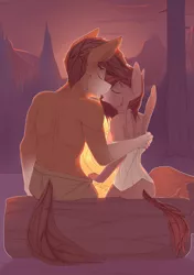 Size: 2400x3400 | Tagged: safe, artist:chapaevv, derpibooru import, part of a set, oc, oc:iron aegis, oc:ondrea, unofficial characters only, anthro, earth pony, pegasus, clothes, duo, female, fire, forest, image, kissing, log, male, mountain, outdoors, pants, png, shirt, side to side, sitting, straight, sunset, tail, tree, undressing, wings
