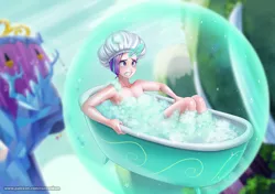 Size: 1200x843 | Tagged: suggestive, artist:racoonsan, derpibooru import, starlight glimmer, human, father knows beast, bathtub, bubble, female, glow, glowing horn, hat, horn, horned humanization, humanized, image, jpeg, magic, magic bubble, scene interpretation, shower cap, solo, solo female