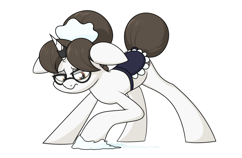 Size: 2333x1525 | Tagged: safe, artist:moonatik, derpibooru import, raven, pony, unicorn, clothes, female, glasses, hair bun, horn, horn ring, image, jewelry, magic suppression, maid, mare, png, ring, scrubbing, simple background, solo, tail, tail bun, tired, transparent background