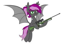 Size: 2517x1689 | Tagged: safe, artist:moonatik, derpibooru import, oc, oc:bitwise operator, unofficial characters only, bat pony, cyborg, pony, awp, bat pony oc, bat wings, fangs, female, flying, gun, image, implants, looking at you, mare, png, ponytail, rifle, simple background, solo, transparent background, weapon, wings