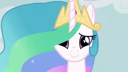 Size: 1280x720 | Tagged: safe, derpibooru import, screencap, princess celestia, alicorn, pony, keep calm and flutter on, season 3, cute, cutelestia, hair over one eye, image, looking at you, png, smiling, solo