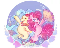 Size: 2500x2000 | Tagged: safe, artist:sonira24, derpibooru import, pinkie pie, princess skystar, earth pony, pony, seapony (g4), my little pony: the movie, bioluminescent, blue eyes, blue mane, bubble, cute, dorsal fin, eyes closed, fan, female, fins, fish tail, flower, flower in hair, flowing mane, flowing tail, freckles, glow, image, jewelry, looking at you, necklace, ocean, one small thing, open mouth, open smile, pearl necklace, pink mane, png, seaponified, seapony pinkie pie, seaweed, simple background, smiling, species swap, tail, underwater, water, white background