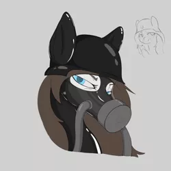 Size: 2000x2000 | Tagged: suggestive, artist:a_friendly_guest, derpibooru import, oc, oc:chocolate fudge, earth pony, pony, bondage, encasement, gas mask, german, image, latex, looking at you, mask, png, rubber, shiny, sketch
