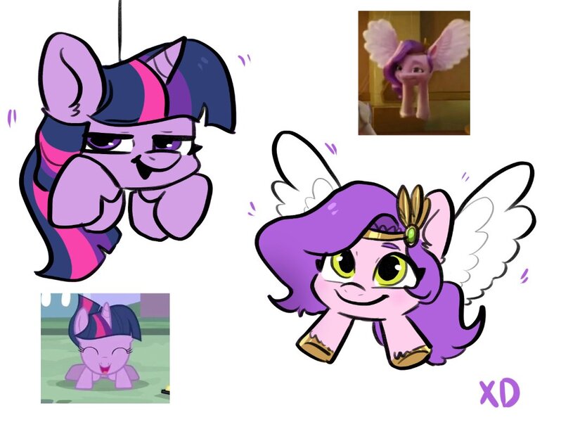 Size: 1031x775 | Tagged: safe, artist:colorfulcolor233, derpibooru import, screencap, pipp petals, twilight sparkle, crab pony, pegasus, pony, unicorn, a canterlot wedding, my little pony: a new generation, spoiler:my little pony: a new generation, ear fluff, female, filly, filly twilight sparkle, g5, image, jpeg, meme, not salmon, screencap reference, unicorn twilight, wat, younger