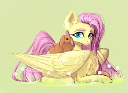 Size: 3150x2300 | Tagged: safe, artist:livitoza, derpibooru import, fluttershy, pegasus, pony, rabbit, animal, chest fluff, dandelion, ear fluff, female, folded wings, grass, head turned, high res, image, looking at you, lying down, mare, png, prone, simple background, solo, wings