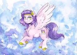 Size: 6695x4746 | Tagged: safe, artist:lightisanasshole, derpibooru import, pipp petals, pegasus, pony, abstract background, butt, cheek fluff, chest fluff, cloud, colored hooves, colored wings, crown, cutie mark, female, flying, g5, hooves, image, jewelry, large wings, leg fluff, legs in air, plot, png, regalia, sky, solo, solo female, thicc ass, traditional art, underhoof, watercolor painting, wings