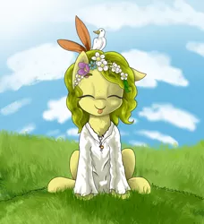 Size: 2916x3192 | Tagged: safe, artist:waffletheheadmare, derpibooru import, oc, oc:flower power, unofficial characters only, bird, earth pony, pony, clothes, cloud, cute, dress, eyelashes, eyes closed, feather, female, flower, grass, green hair, image, jewelry, mare, necklace, png, sitting, sky, tongue out