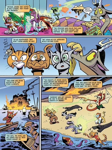 Size: 768x1024 | Tagged: safe, artist:andypriceart, derpibooru import, idw, discord, abyssinian, diamond dog, zebra, spoiler:comic, spoiler:comic102, balor, boat, ceridwen, danu, draconquus, image, jpeg, knights of harmony, mannah, morrigan, season 10, taranis, water