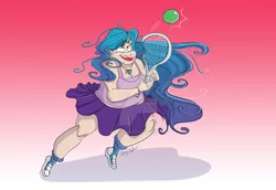 Size: 1280x880 | Tagged: safe, artist:mad--munchkin, derpibooru import, izzy moonbow, human, ball, clothes, deviantart watermark, female, g5, gradient background, humanized, image, izzy's tennis ball, jpeg, obtrusive watermark, skirt, solo, tennis ball, tennis racket, watermark