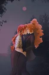 Size: 1335x2050 | Tagged: safe, artist:stummm, derpibooru import, adagio dazzle, sunset shimmer, equestria girls, alternate clothes, clothes, coat, eyes closed, female, forest, hand on hip, image, jpeg, kissing, lesbian, moon, rain, shipping, sunsagio, sweater, tree, turtleneck