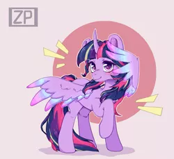 Size: 2179x2000 | Tagged: safe, artist:zero-paint, derpibooru import, twilight sparkle, twilight sparkle (alicorn), alicorn, pony, commission, cute, female, heart eyes, high res, image, iridescence, looking at you, mare, png, raised hoof, smiling, smiling at you, solo, spread wings, twiabetes, wingding eyes, wings, ych example, your character here