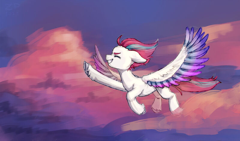 Size: 1280x750 | Tagged: safe, artist:zero-paint, derpibooru import, zipp storm, pegasus, pony, cloud, eyes closed, female, floppy ears, flying, g5, image, jpeg, mare, profile, sky, solo, spread wings, wings