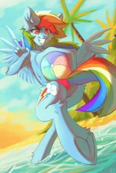 Size: 2689x4000 | Tagged: safe, artist:alkatoster, derpibooru import, rainbow dash, anthro, pegasus, unguligrade anthro, beach, beach ball, grin, image, jpeg, looking at you, looking back, peace sign, smiling, solo, spread wings, underhoof, wings