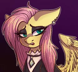 Size: 414x381 | Tagged: safe, artist:turbodragon451, derpibooru import, fluttershy, pegasus, pony, bust, clothes, ear piercing, female, floppy ears, fluttergoth, goth, gradient background, image, looking at you, makeup, mare, open mouth, outline, piercing, png, portrait, solo, spread wings, three quarter view, wings