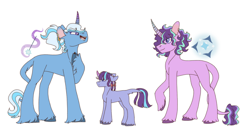Size: 1280x690 | Tagged: safe, artist:mischievousartist, derpibooru import, starlight glimmer, trixie, oc, unofficial characters only, pony, unicorn, alternate cutie mark, alternate design, alternate hairstyle, bow, ear piercing, earring, family, female, floppy ears, hair bow, image, jewelry, leonine tail, lesbian, magical lesbian spawn, offspring, parent:starlight glimmer, parent:trixie, parents:startrix, piercing, png, shipping, smiling, startrix, tail, unshorn fetlocks