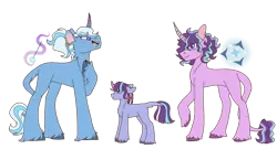 Size: 1280x690 | Tagged: safe, artist:mischievousartist, derpibooru import, starlight glimmer, trixie, oc, unofficial characters only, pony, unicorn, alternate cutie mark, alternate design, alternate hairstyle, bow, ear piercing, earring, family, female, floppy ears, hair bow, image, jewelry, leonine tail, lesbian, magical lesbian spawn, offspring, parent:starlight glimmer, parent:trixie, parents:startrix, piercing, png, shipping, smiling, startrix, tail, unshorn fetlocks