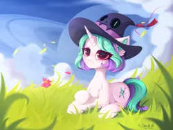 Size: 3900x2925 | Tagged: safe, artist:stahlkat, derpibooru import, oc, oc:magic wind, unofficial characters only, pony, unicorn, female, grass, hat, image, lying down, png, prone, solo, witch, witch hat