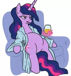 Size: 743x798 | Tagged: safe, artist:jargon scott, derpibooru import, princess twilight 2.0, twilight sparkle, twilight sparkle (alicorn), alicorn, pony, the last problem, alcohol, armchair, bathrobe, clothes, female, glass, hand, image, lidded eyes, magic, magic hands, mare, older, older twilight, open robe, png, red letter media, rich evans, robe, simple background, sitting, solo, white background, wine, wine glass