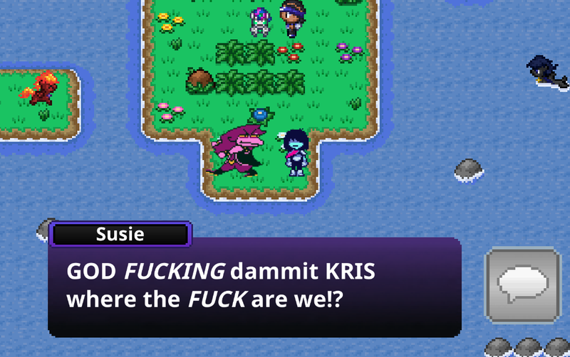 Size: 1084x680 | Tagged: safe, derpibooru import, oc, oc:orscina, oc:poni-bot, oc:simber, cussing, deltarune, game, game screencap, image, kris (deltarune), meme, pixel art, png, pokémon, ponymon, screenshots, susie (deltarune), swearing, undertale, vulgar, water