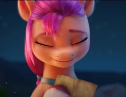 Size: 708x547 | Tagged: safe, derpibooru import, screencap, sunny starscout, earth pony, pony, my little pony: a new generation, spoiler:my little pony: a new generation, cropped, eyes closed, g5, hoof on chest, hopeful, image, paper, png, smiling, solo