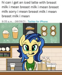 Size: 1132x1388 | Tagged: suggestive, artist:sufficient, derpibooru import, oc, oc:milky way, barista, coffee, complex background, cute, freckles, image, implied crotchboobs, marker, meme, meta, mouth hold, png, starbucks, twitter