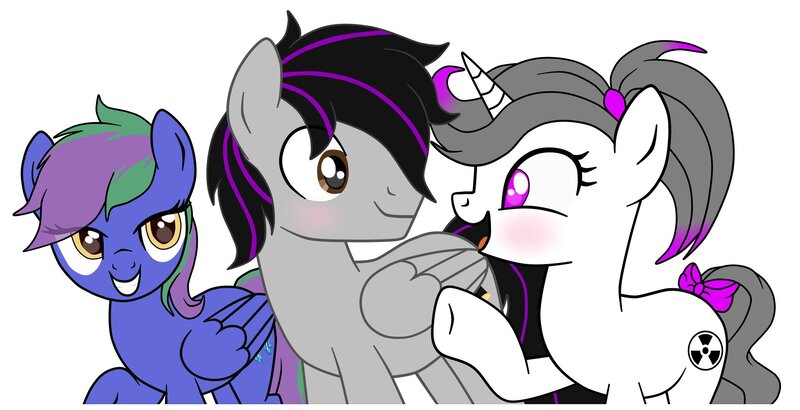 Size: 2050x1050 | Tagged: safe, artist:chip16, derpibooru import, oc, oc:hazel radiate, oc:lishka, oc:skynight sleuth, unofficial characters only, pegasus, pony, unicorn, blushing, bow, eyelashes, highlights, horn, image, jpeg, lidded eyes, pegasus oc, ponytail, purple eyes, smiling, tail, tail bow, trio, two toned mane, two toned tail, unicorn oc, wings