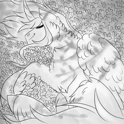 Size: 3000x3000 | Tagged: safe, artist:gingygin, derpibooru import, oc, oc:penumbra, unofficial characters only, alicorn, pony, flower, fluffy, grayscale, image, lying down, male, monochrome, offspring, parent:king sombra, parent:twilight sparkle, parents:twibra, png, side, sleeping, solo, stallion
