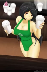 Size: 657x1000 | Tagged: suggestive, alternate version, artist:clouddg, derpibooru import, oc, oc:danielita, equestria girls, apron, breasts, busty oc, cleavage, clothes, iced latte with breast milk, image, looking at you, meme, naked apron, png, starbucks