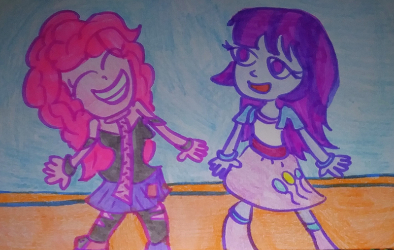 Size: 1280x811 | Tagged: safe, artist:dex stewart, derpibooru import, mystery mint, pinkie pie, human, equestria girls, clothes swap, female, females only, image, jpeg, solo, traditional art