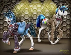 Size: 1024x792 | Tagged: safe, artist:amalgamzaku, derpibooru import, oc, unofficial characters only, pegasus, pony, unicorn, clothes, doctor who, image, jpeg, mouth hold, not shining armor, sonic screwdriver