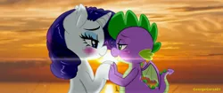 Size: 4892x2048 | Tagged: safe, artist:georgegarza01, artist:pia-sama, derpibooru import, rarity, spike, dragon, unicorn, blushing, female, holding hands, image, jpeg, looking at each other, male, shipping, sparity, straight, sunset, winged spike, wings