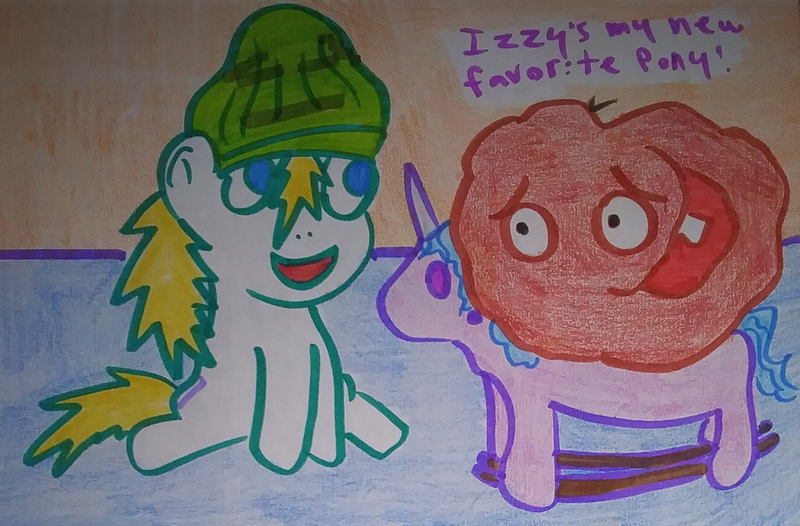 Size: 1280x842 | Tagged: safe, artist:dex stewart, derpibooru import, izzy moonbow, oc, oc:fargate, earth pony, pony, aqua teen hunger force, beanie, g5, hat, ignignokt, image, jpeg, meatwad, rocking horse, traditional art