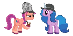 Size: 1280x640 | Tagged: safe, artist:detectivefrankie, derpibooru import, izzy moonbow, sunny starscout, earth pony, pony, unicorn, bowler hat, braid, butt, cute, cutie mark, deerstalker, detective, female, friends, g5, hat, horn, image, mare, pipe, plot, png, sherlock, sherlock holmes, simple background, smiling, transparent background, vector, watson