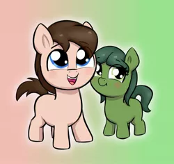 Size: 1872x1767 | Tagged: safe, artist:heretichesh, derpibooru import, oc, unofficial characters only, earth pony, pony, blank flank, blushing, colt, cute, duo, female, filly, gradient background, image, jpeg, male, ocbetes, smiling