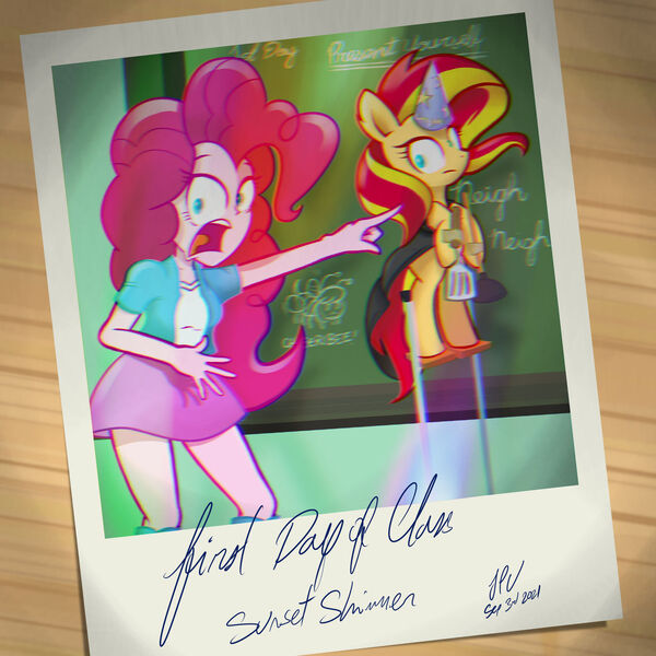 Size: 1280x1280 | Tagged: safe, artist:branewashpv, derpibooru import, pinkie pie, sunset shimmer, pony, unicorn, equestria girls, chromatic aberration, hat, image, jpeg, looking at you, party hat, party horn, shocked, simpsons did it