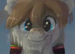 Size: 1951x1402 | Tagged: safe, artist:mandumustbasukanemen, derpibooru import, pony, taiga pony, blue eyes, brown mane, bust, female, fluffy, fur, image, jpeg, looking at you, mare, portrait, smiling, smiling at you, solo